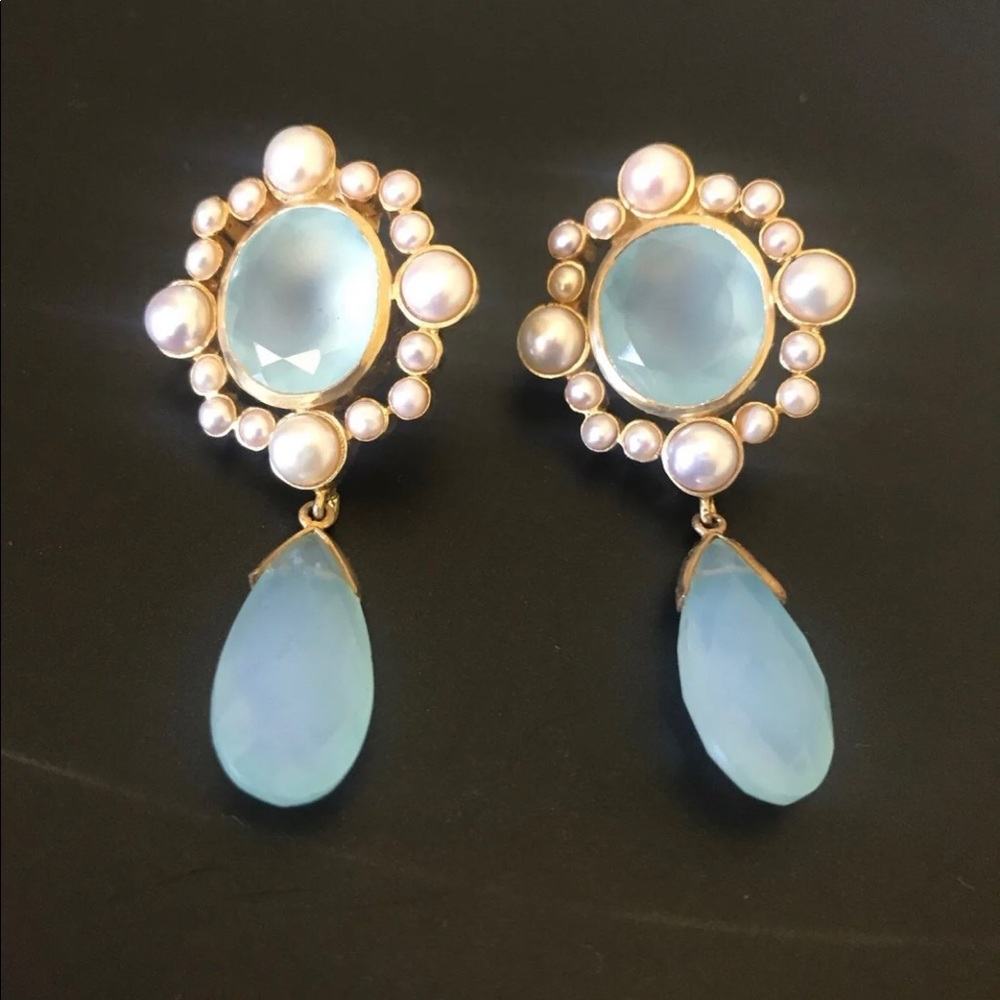 Earrings with Pearls and Aqua Chalcedony.